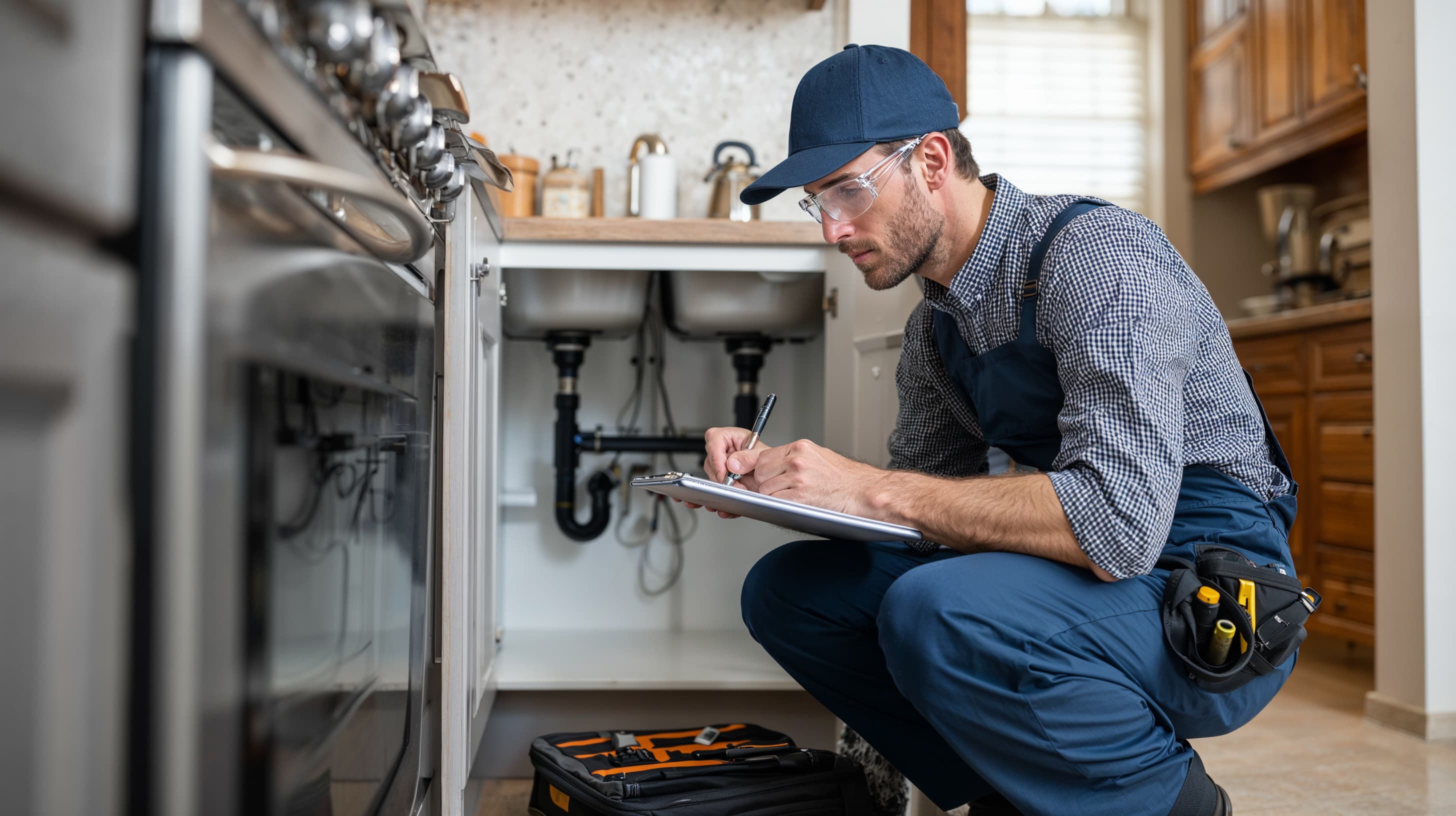 Licensed plumber reviewing service paperwork with a homeowner