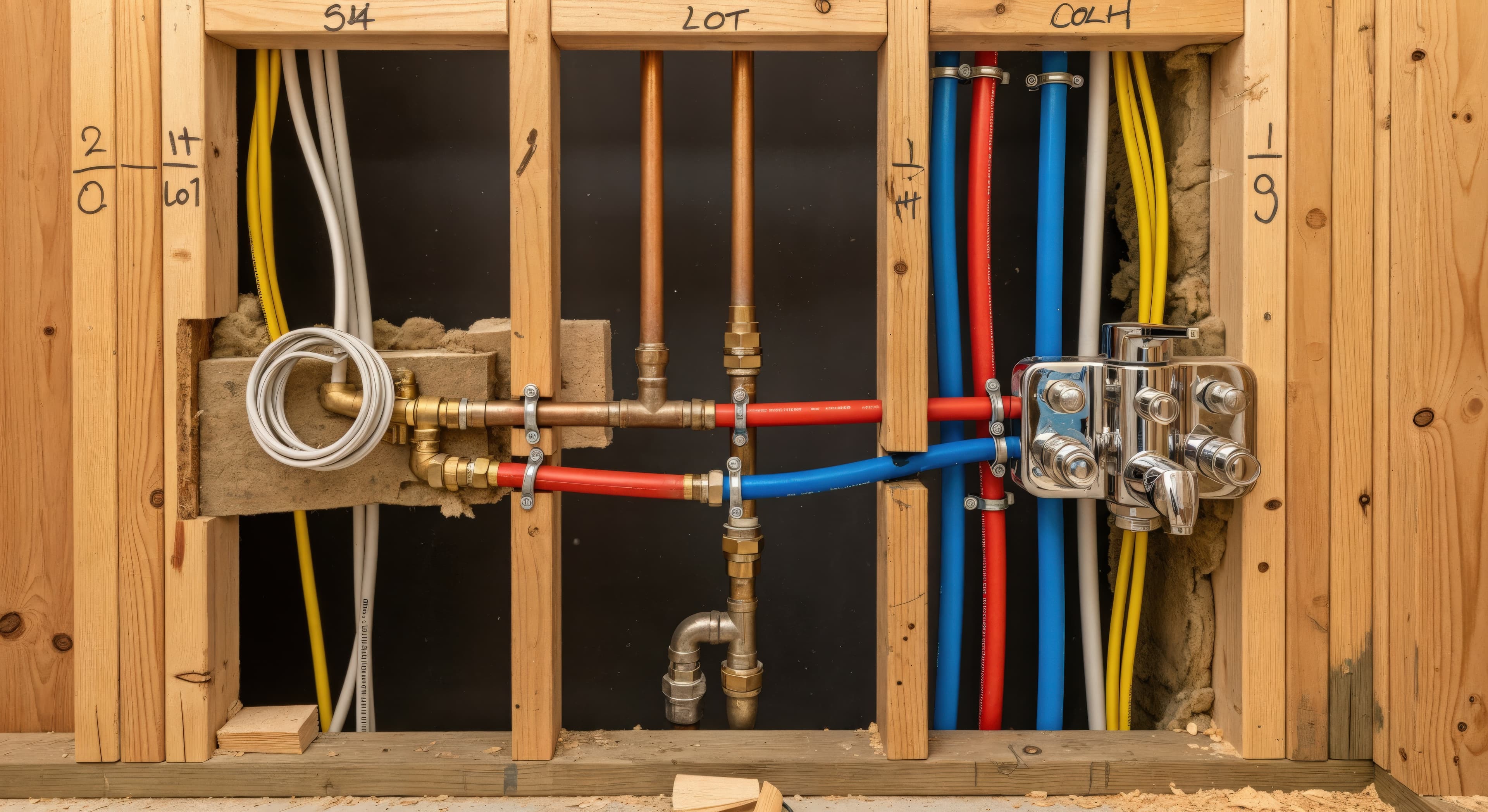 Copper and PEX laid into wall studs. Inspector-ready.