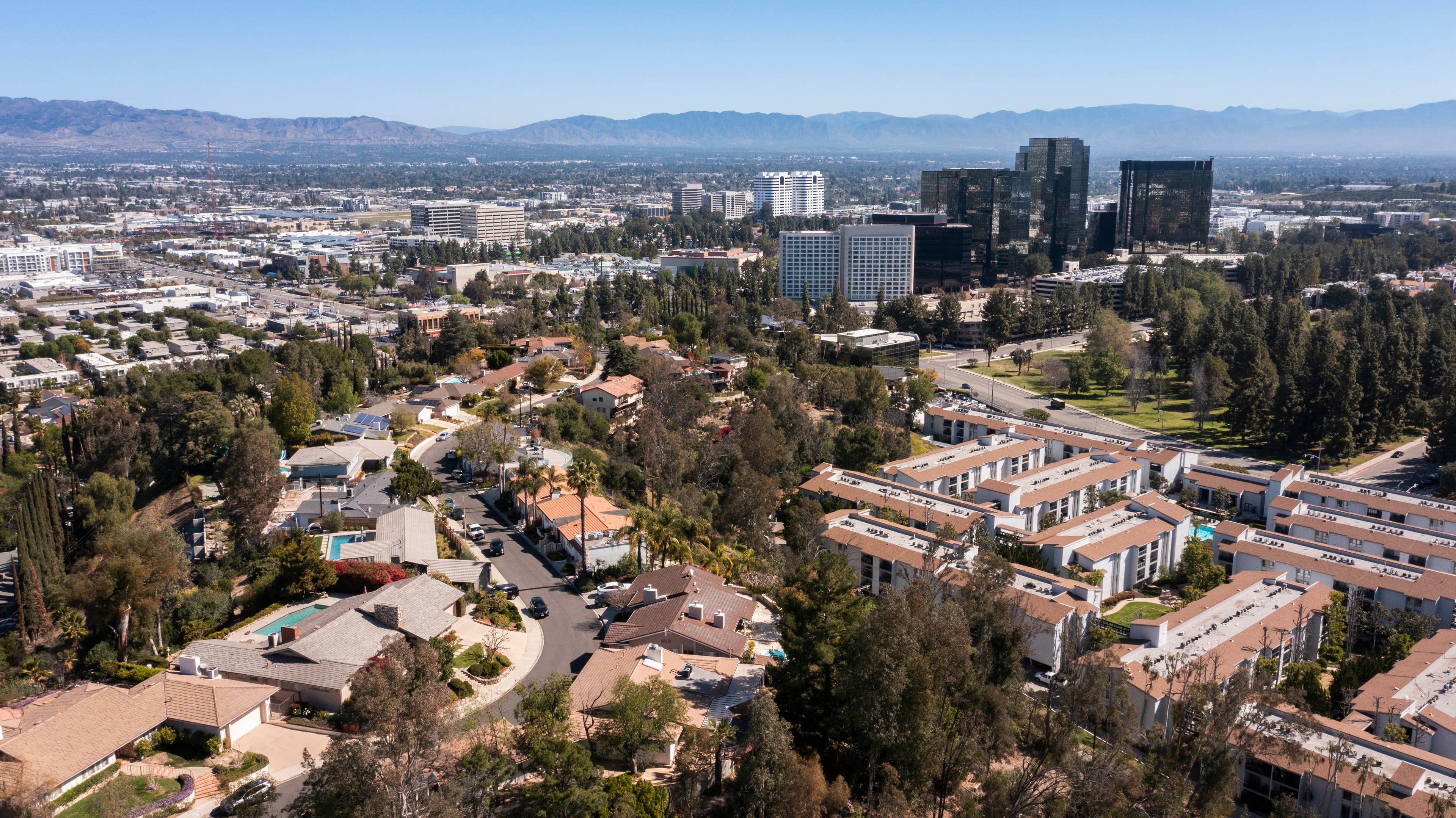 Aerial view of Woodland Hills, West Hills and the San Fernando Valley